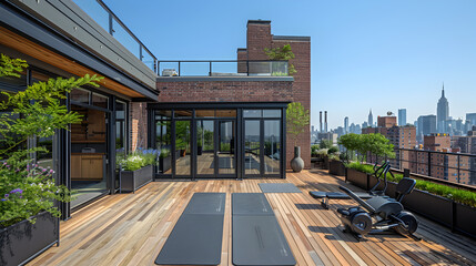 Rooftop Fitness Terrace: gym equipment,  yoga area,  space for fitness classes