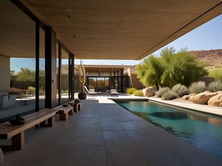 Imagine a contemporary home set in a desert environment, blending modern design with the tranquility of the arid landscape.