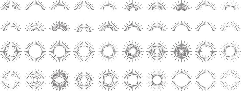 sun burst, rays, light rays shine or blast vintage and abstract design collection with editable stroke 