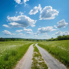 Naklejka premium Expansive green meadow with a country road, perfect for nature and travel themes, capturing the serene and open landscape of rural areas.