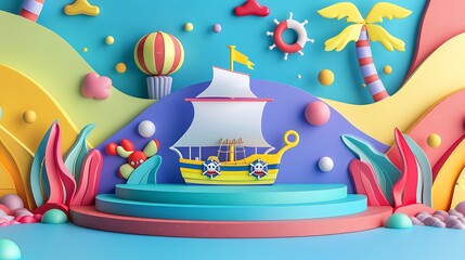 season, flip flops, pool, summertime, resort, 3d rendering, trip, space, coast, tourism, relax, copy space, render, abstract, product, podium, sky, illustration, summer, travel, beach, 3d, tropical, s