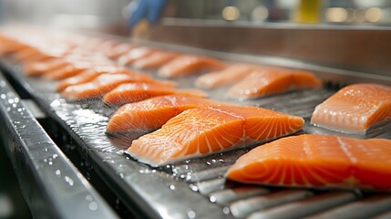 Modern factory production line Fresh salmon fillet on conveyor belt