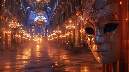 A Venetian mask sits in the foreground of a grand hall with ornate chandeliers and a glimmering floor.