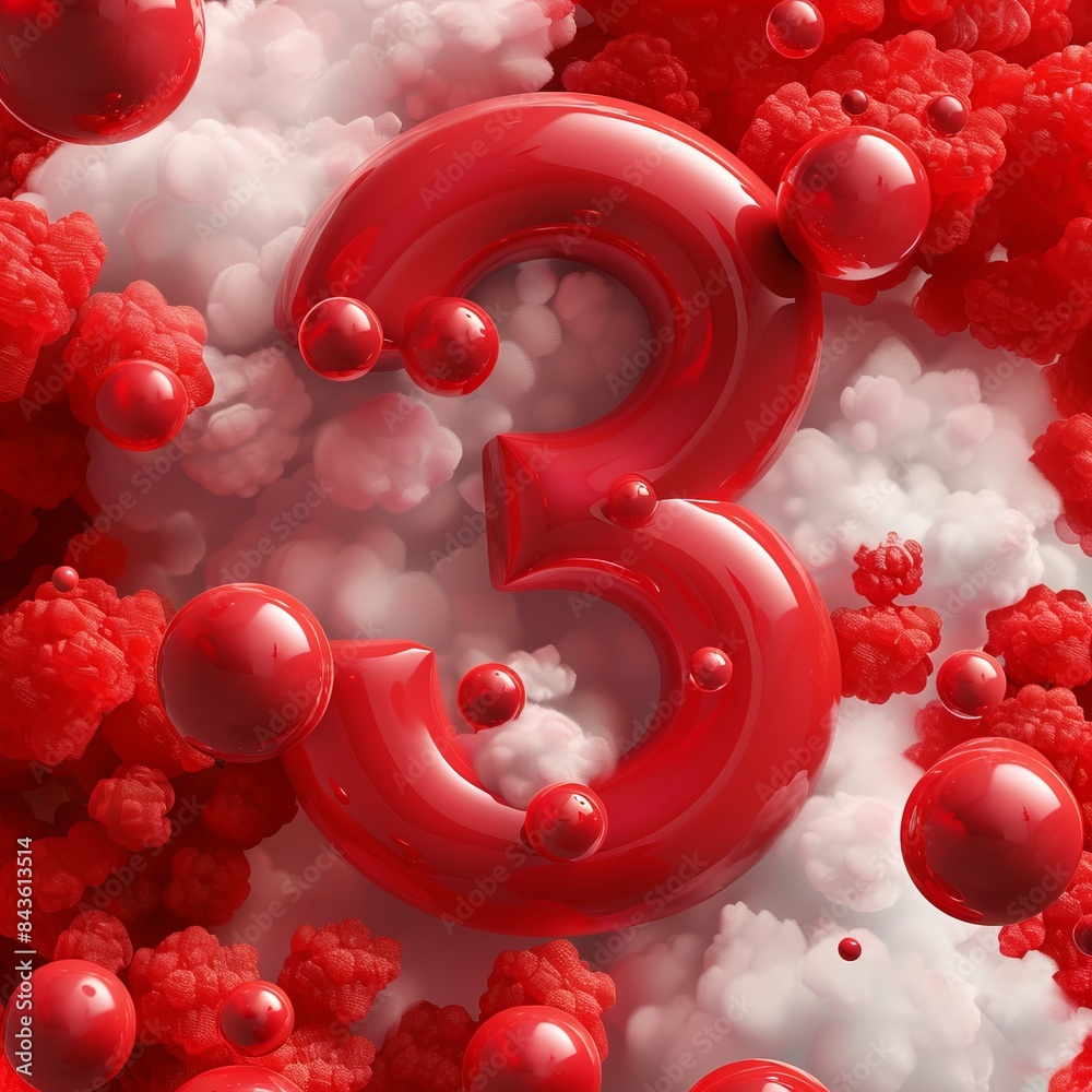 Poster 3d red number three on a background of red balls and clouds.