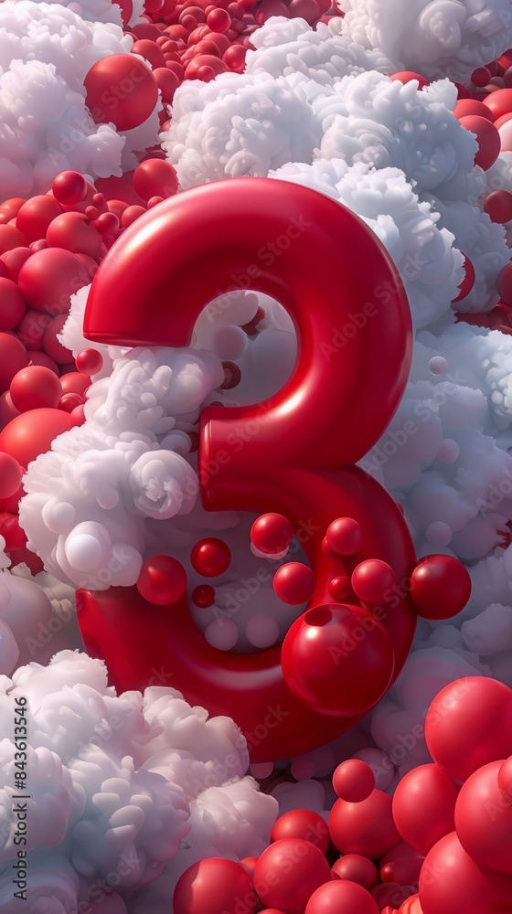 Fototapete 3D red number three on a background of red balls and clouds.