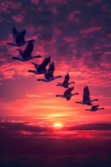 A Flock of Migrating Geese Soaring Gracefully at Sunset in an Impressionist-Inspired Landscape