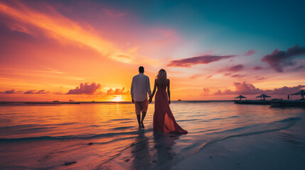 Fototapeta premium Couple on the beach with beautiful sunset in background. Silhouette of couple on the beach