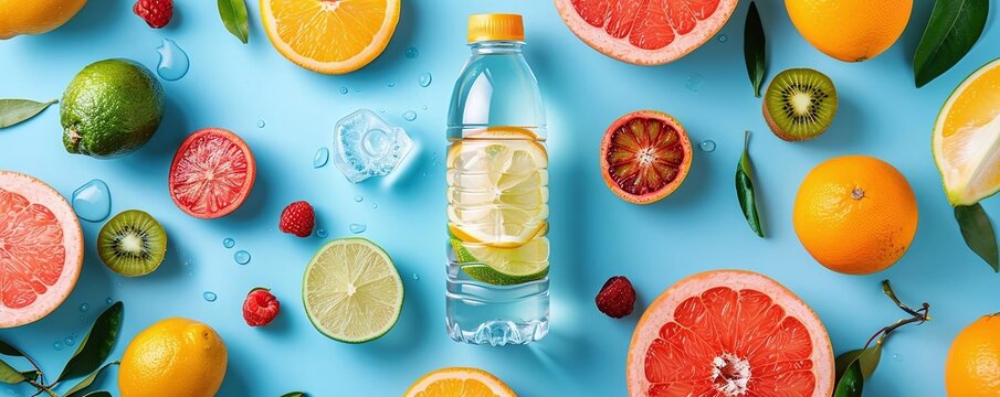 Flat lay design of summer safety tips with water bottle, fruits, and a hydration reminder
