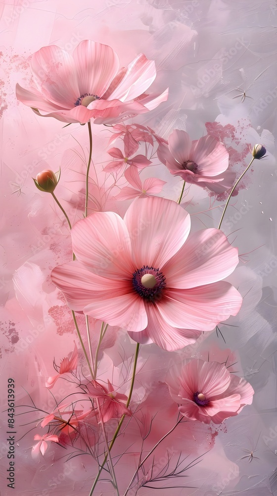 Canvas Prints Delicate Pink and White Cosmos Flowers in Serene Watercolor Garden Landscape