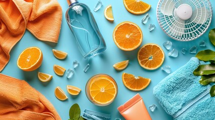 Flat lay design of summer safety tips with fan, cooling towel, and heatwave precautions