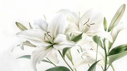 Fototapeta premium Elegant Watercolor Lily Floral Composition with Lush Petals and Leaves in Serene Botanical Display