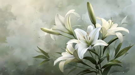 Obraz premium Elegant White Watercolor Lily Flower with Lush Foliage Serene Floral Composition