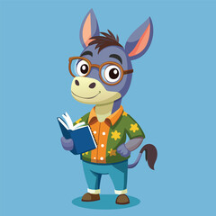 Adorable cubby Donkey with glasses and casual outfit, holding a book, whole body view vector illustration