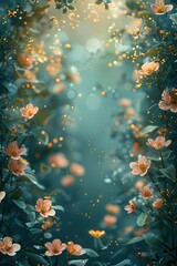 Enchanting Fairy-Themed Floral Border with Whimsical Woodland Sprites and Shimmering Golden Highlights