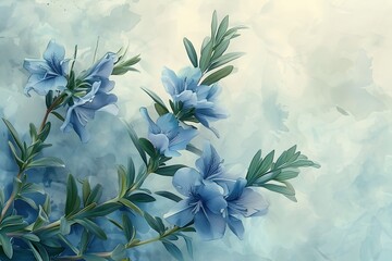 Ethereal Watercolor Depiction of Rosemary Botanicals with Delicate Blue Blooms and Lush Foliage