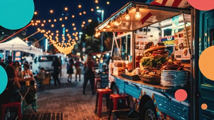 Naklejka premium An eye-catching poster featuring a food truck in a lively city festival setting, copy space for including key details such as event name, date, time, location