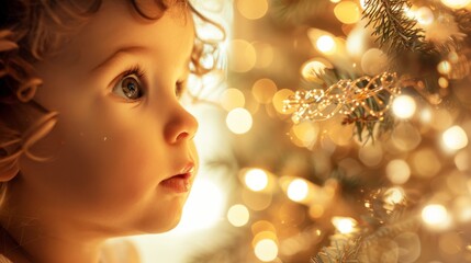 Fototapeta premium Blonde child gazing at Christmas tree lights. Concept of holiday wonder, childhood joy, festive season