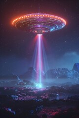 Glowing Otherworldly UFO Hovering Above Remote Moonlit Landscape with Pulsating Neon Lights and Iridescent Energy Beams in Cinematic Sci-Fi Style