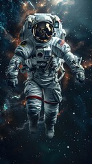 Fototapeta premium Gracefully Drifting Astronaut in the Vastness of the Cosmos,Intricate Spacesuit Details and Dramatic Lighting