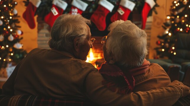 Elderly Caucasian couple embracing by a fireplace during Christmas. Concept of senior love, holiday warmth, festive atmosphere