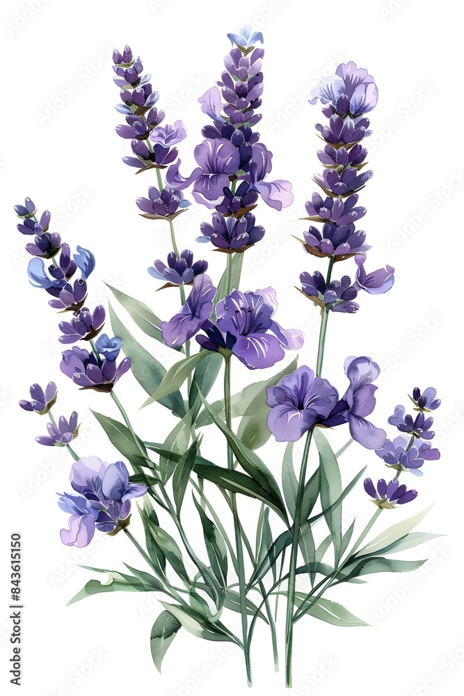 Wall mural Lavender Floral Watercolor Clipart with Graceful Green Foliage and Dreamy Impressionistic Textures