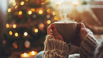 Woman with coffee mug in festive Christmas setting. Concept of holiday warmth, cozy winter evenings, festive celebration