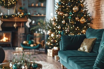 Cozy living room with Christmas tree and fireplace, concept of home decoration, festive atmosphere, holiday season