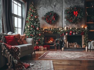 Cozy living room with Christmas decorations and burning fireplace. Concept of holiday decor, festive atmosphere, home interior