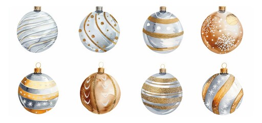 Watercolor Christmas ornaments set isolated on a white background. Collection of festive baubles in gold and silver. Concept of holiday decorations, Christmas clip art, seasonal design elements