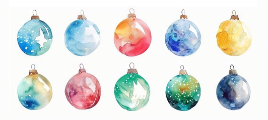 Watercolor Christmas Ornaments Set with Vibrant Colors. Concept of holiday decorations, festive design, new year celebration. Isolated on white background