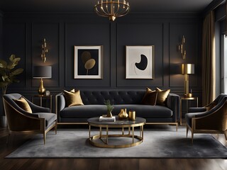 Dark gray walls with velvet, brass, and rich wood for a moody, elegant room design

