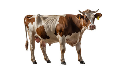 A cow with an ear tag stands in front of a transparent background.