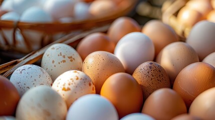 abundance of fresh chicken eggs concept of eating healthy and natural food