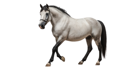 A white horse walks with a black tail on a transparent background.