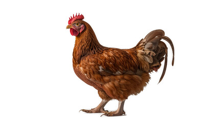 Fototapeta premium A brown chicken with a red head is on a transparent background.