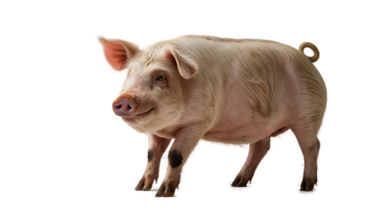 A white pig with a pink tail and spots on its paws is standing on a transparent background.
