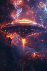Mystical UFO Floating Amidst Cosmic Nebula Shrouded in Glowing Clouds of Vibrant Interstellar Dust and Gas