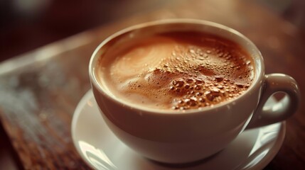 Steaming Cup of Freshly Brewed Coffee: A Warm and Inviting Close-Up Shot with Soft Lighting and Cozy Atmosphere
