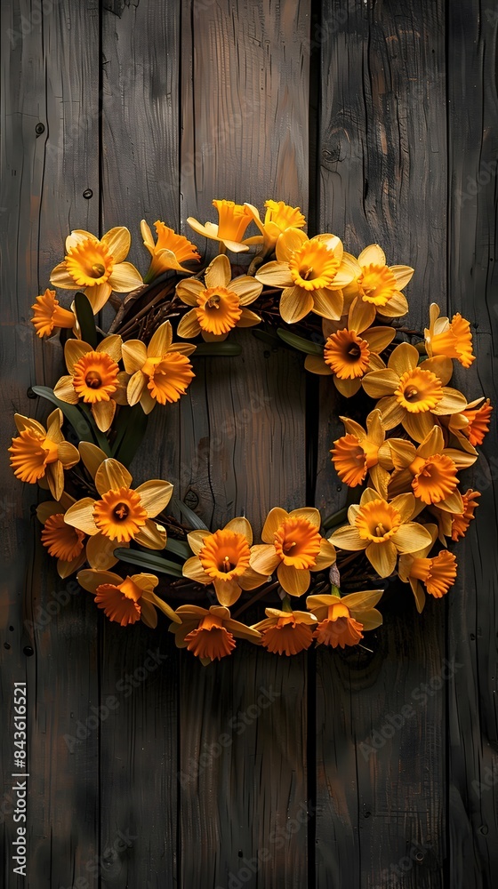 Canvas Prints Radiant Golden Daffodil Wreath on Rustic Wooden Backdrop with Vintage Charm