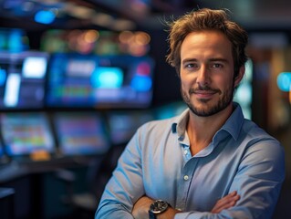 Fototapeta premium A Media Producer male wearing professional attire, standing in front of a production studio, smiling and looking into the camera