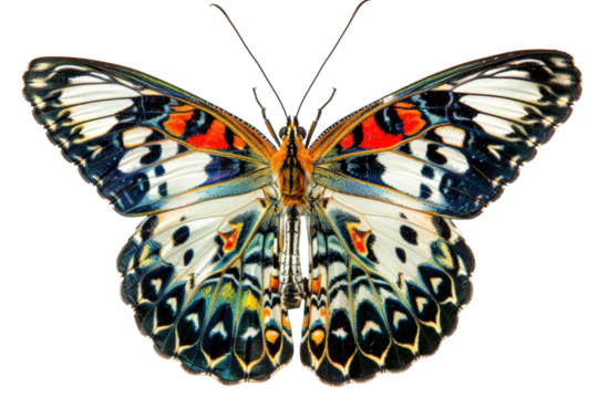 Realistic Photograph of a Vibrantly Colored Butterfly with Blue, Orange, and Red Wings on a Black Background