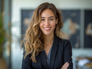 Fototapeta premium An Advertising Executive female wearing professional attire, standing in front of an advertising agency backdrop, smiling and looking into the camera