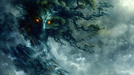 Fototapeta premium Sinister Japanese Kodama Forest Spirit Manifesting as Twisted,Gnarled Tree Creature in Ominous Storm-Wracked Woodland