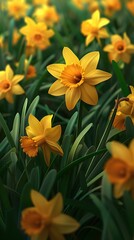 Obraz premium Vibrant Daffodil Blossoms Filling the Frame in Lush Botanical Meadow Pattern