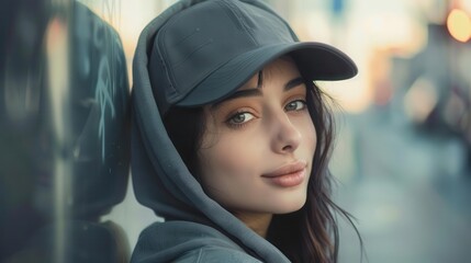 beautiful young woman in baseball cap and hoodie candid street style portrait natural light