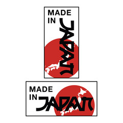 Made in Japan label with fuji mt. on flag and map background. Certificated product quality. Vector illustration.
