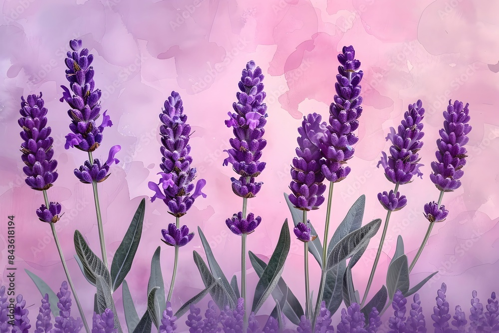 Wall mural Whimsical Lavender Flowerheads with Soft Bokeh Watercolor Background in Natural Light