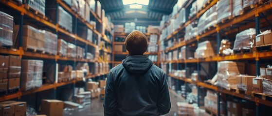 Fototapeta premium 31052304 12 Delivery service worker stacking packages in a warehouse, organized shelves, sharp picture