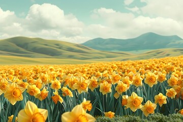 Obraz premium Whimsical Daffodil Field with Rolling Hills in Lush Springtime Landscape