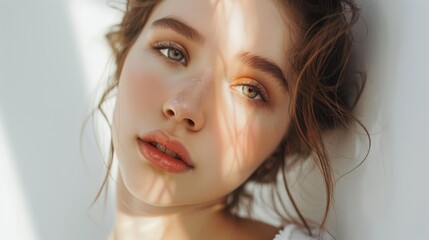 girl with natural makeup on a white background.